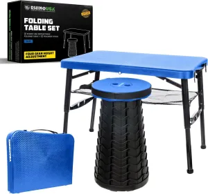 Rhino USA Portable Camping Table and Stool Set - Lightweight Foldable Camp Tables with Net for Beach Trips, Fishing, Picnic, Cooking & Much More (Blue)