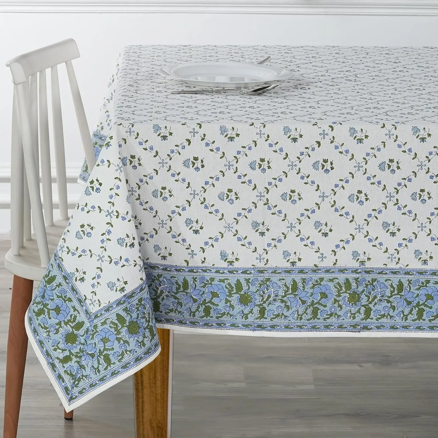 Ridhi Blue Block Print Tablecloths 100% Cotton 60 Inch x 90 Inch Decorative Washable Rectangle Tablecloth Table Cloth, Dining, Kitchen, Parties & Camping, Faience - Spring/Summer
