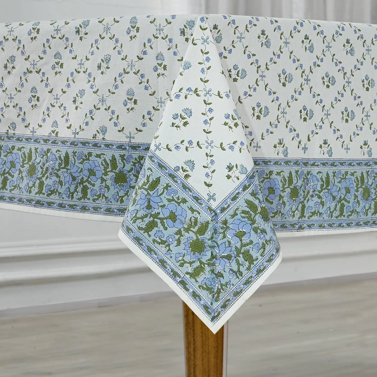 Ridhi Blue Block Print Tablecloths 100% Cotton 60 Inch x 90 Inch Decorative Washable Rectangle Tablecloth Table Cloth, Dining, Kitchen, Parties & Camping, Faience - Spring/Summer