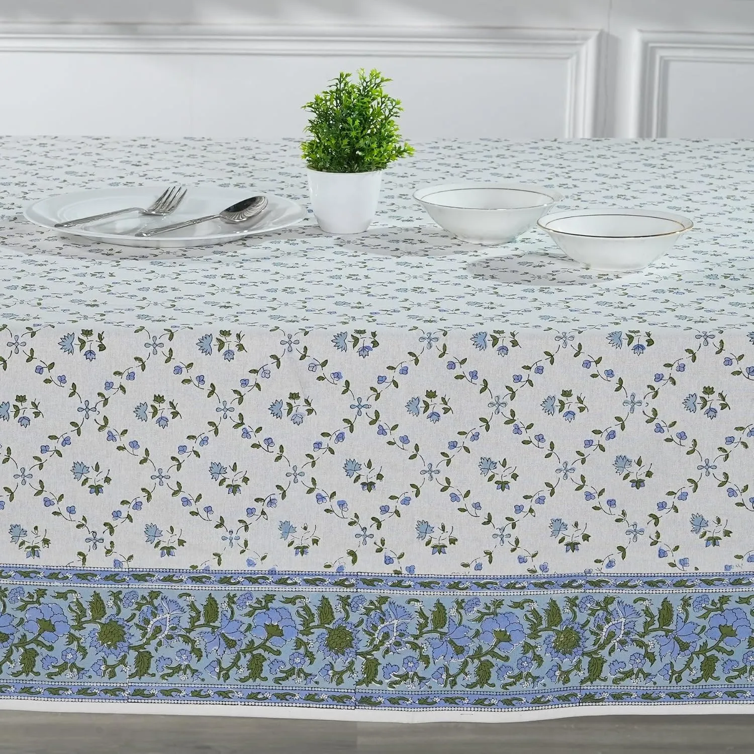 Ridhi Blue Block Print Tablecloths 100% Cotton 60 Inch x 90 Inch Decorative Washable Rectangle Tablecloth Table Cloth, Dining, Kitchen, Parties & Camping, Faience - Spring/Summer