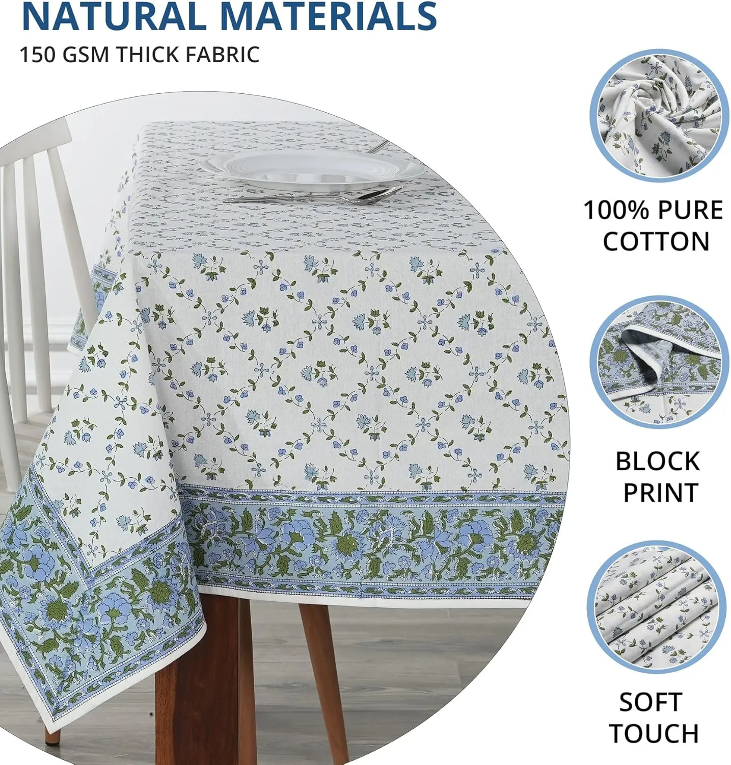 Ridhi Blue Block Print Tablecloths 100% Cotton 60 Inch x 90 Inch Decorative Washable Rectangle Tablecloth Table Cloth, Dining, Kitchen, Parties & Camping, Faience - Spring/Summer