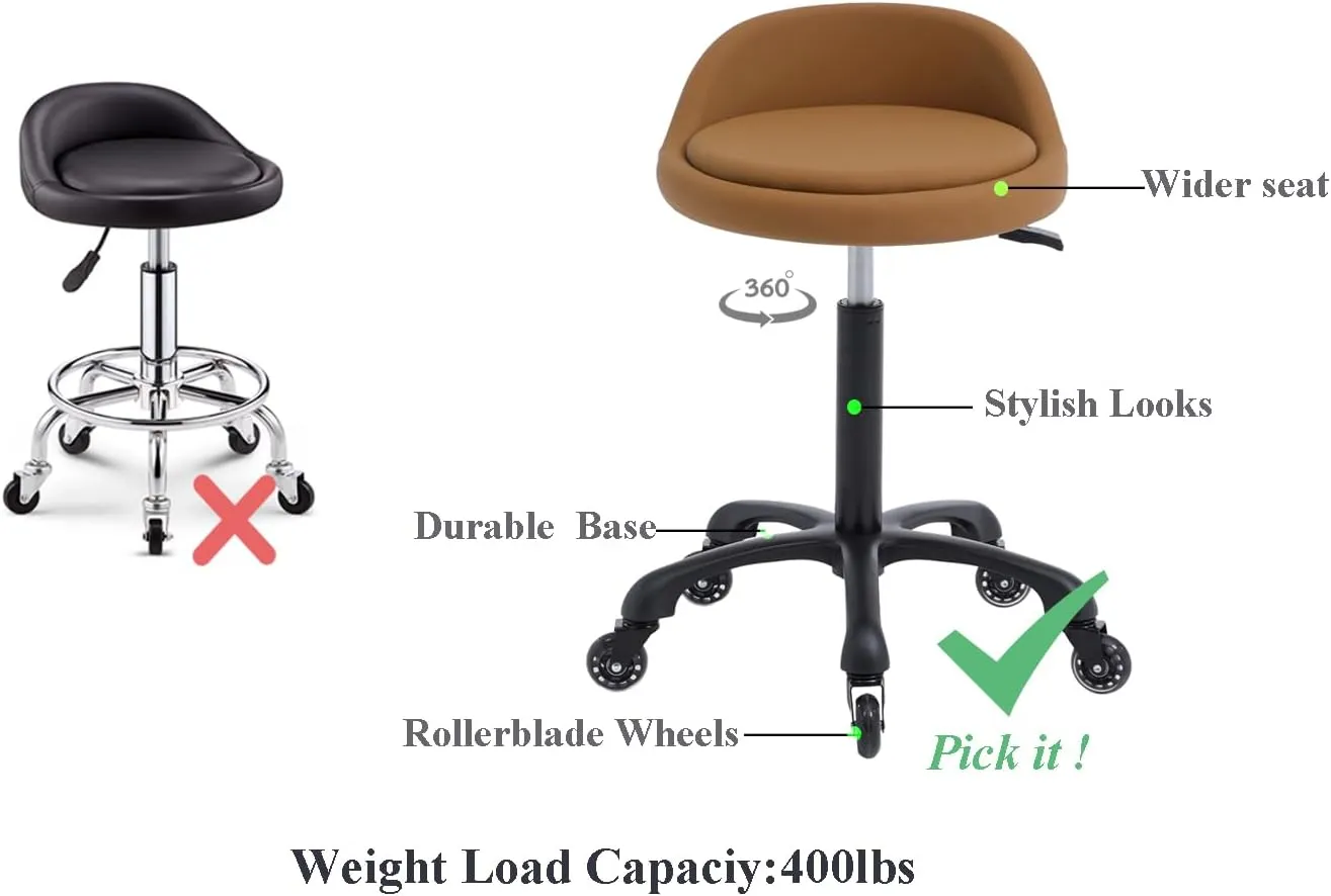 Rolling Salon Stool Chair with Back Support Hydaulic Height Adjustable on Swivel Wheels Heavy Duty for Hair Cutting Esthetician Tatto Beauty Spa Bar Lab Clinic Kitchen Office Home (Camel)