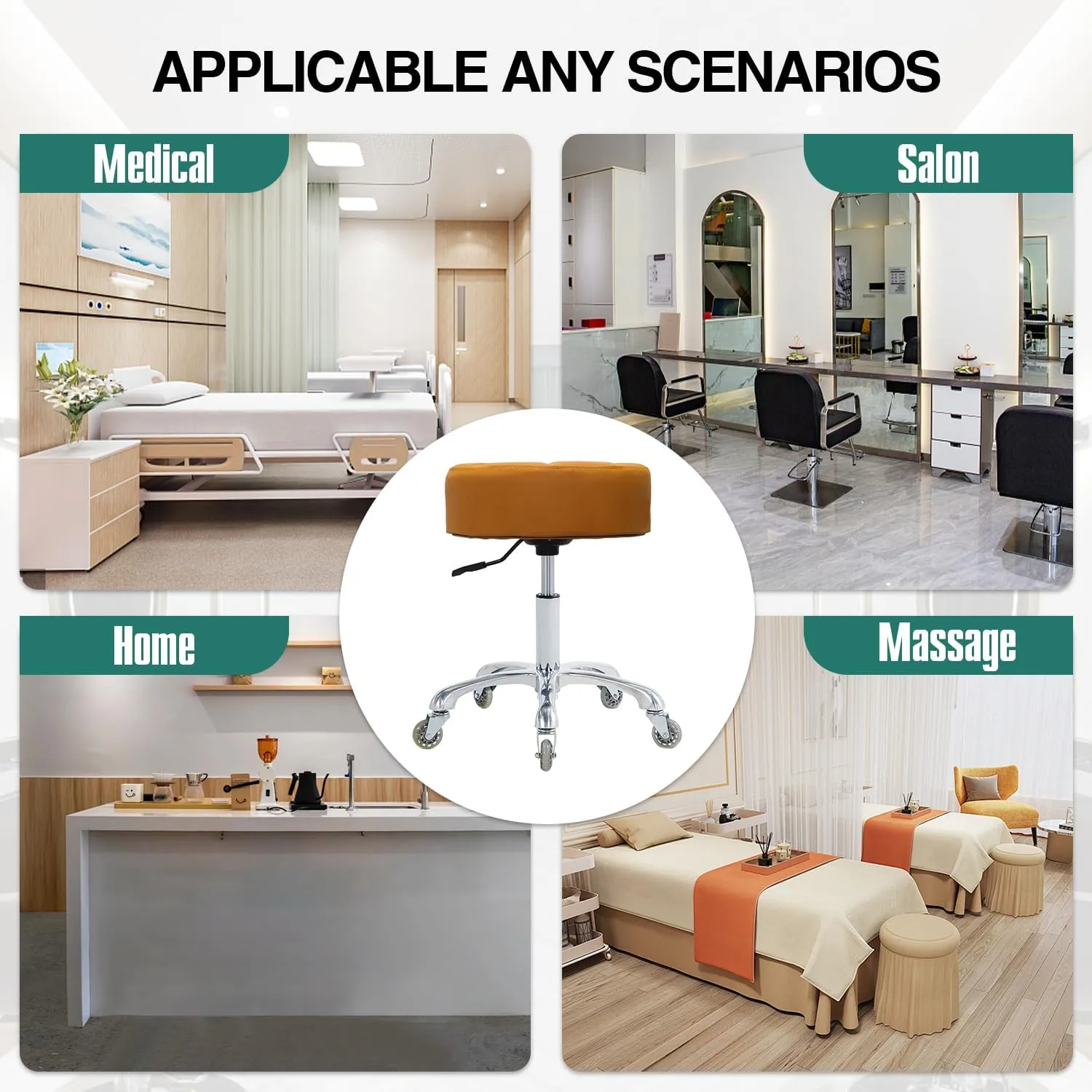 Rolling Stool with Wheels Adjustable Height, Roller Stool for Massage Medical Tattoo Spa Heavy Duty Swivel Desk (Super Thick Cushion, Camel)