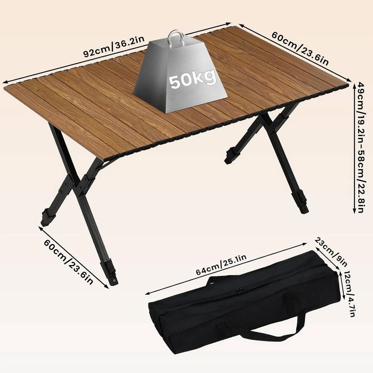 Rootz Folding Camping Table - Foldable Picnic Table - Portable Outdoor Table - Aluminum Alloy - Adjustable Height - 92cm x (49-58cm) x 60cm