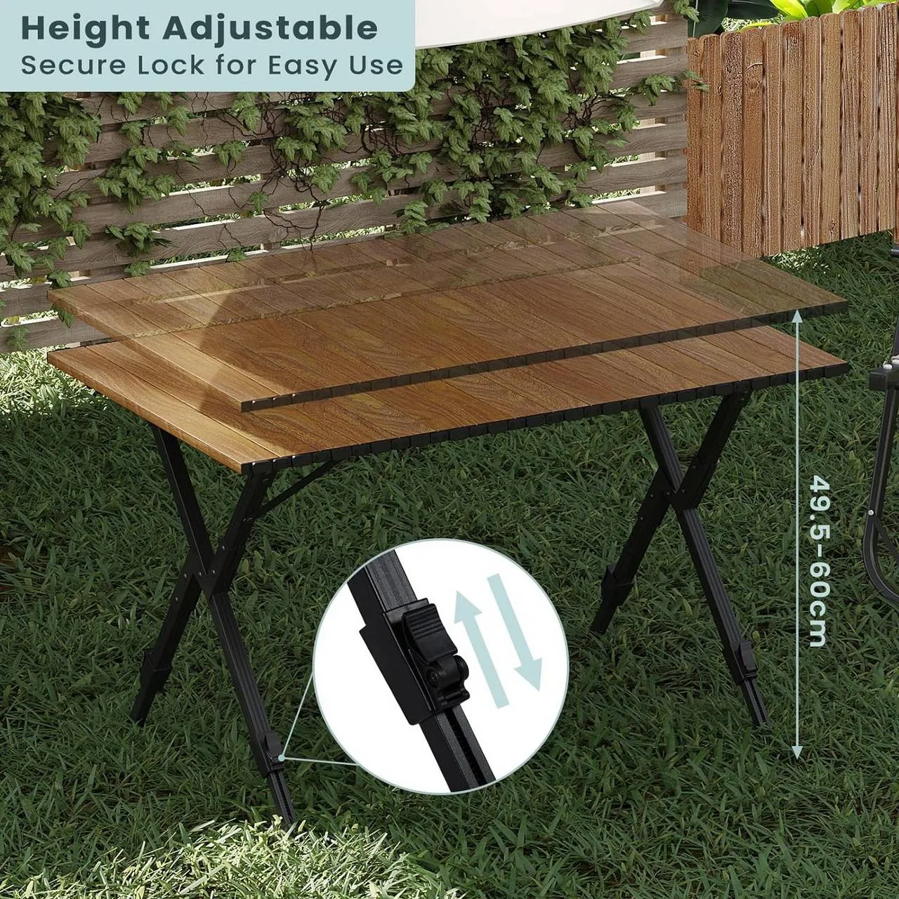 Rootz Folding Camping Table - Foldable Picnic Table - Portable Outdoor Table - Aluminum Alloy - Adjustable Height - 92cm x (49-58cm) x 60cm