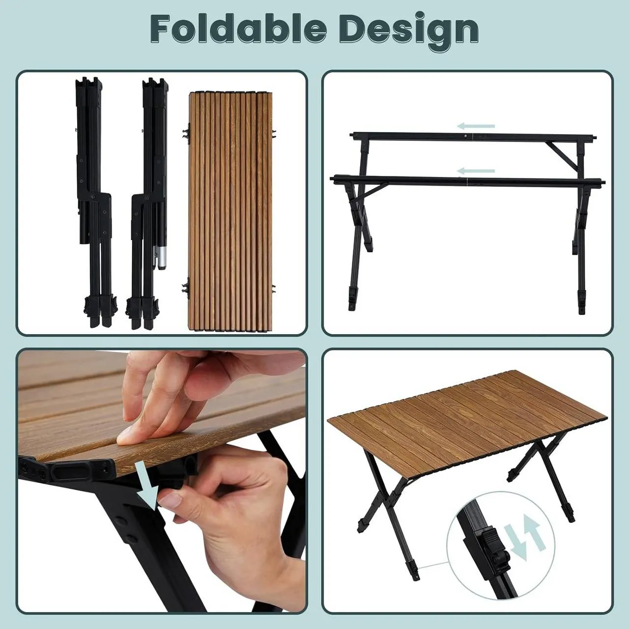 Rootz Folding Camping Table - Foldable Picnic Table - Portable Outdoor Table - Aluminum Alloy - Adjustable Height - 92cm x (49-58cm) x 60cm