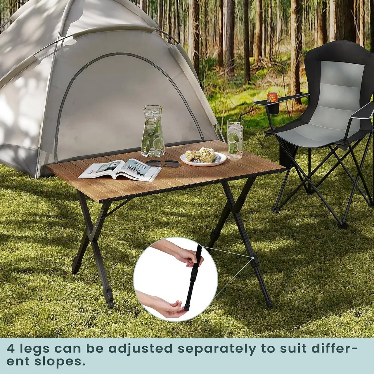 Rootz Folding Camping Table - Foldable Picnic Table - Portable Outdoor Table - Aluminum Alloy - Adjustable Height - 92cm x (49-58cm) x 60cm