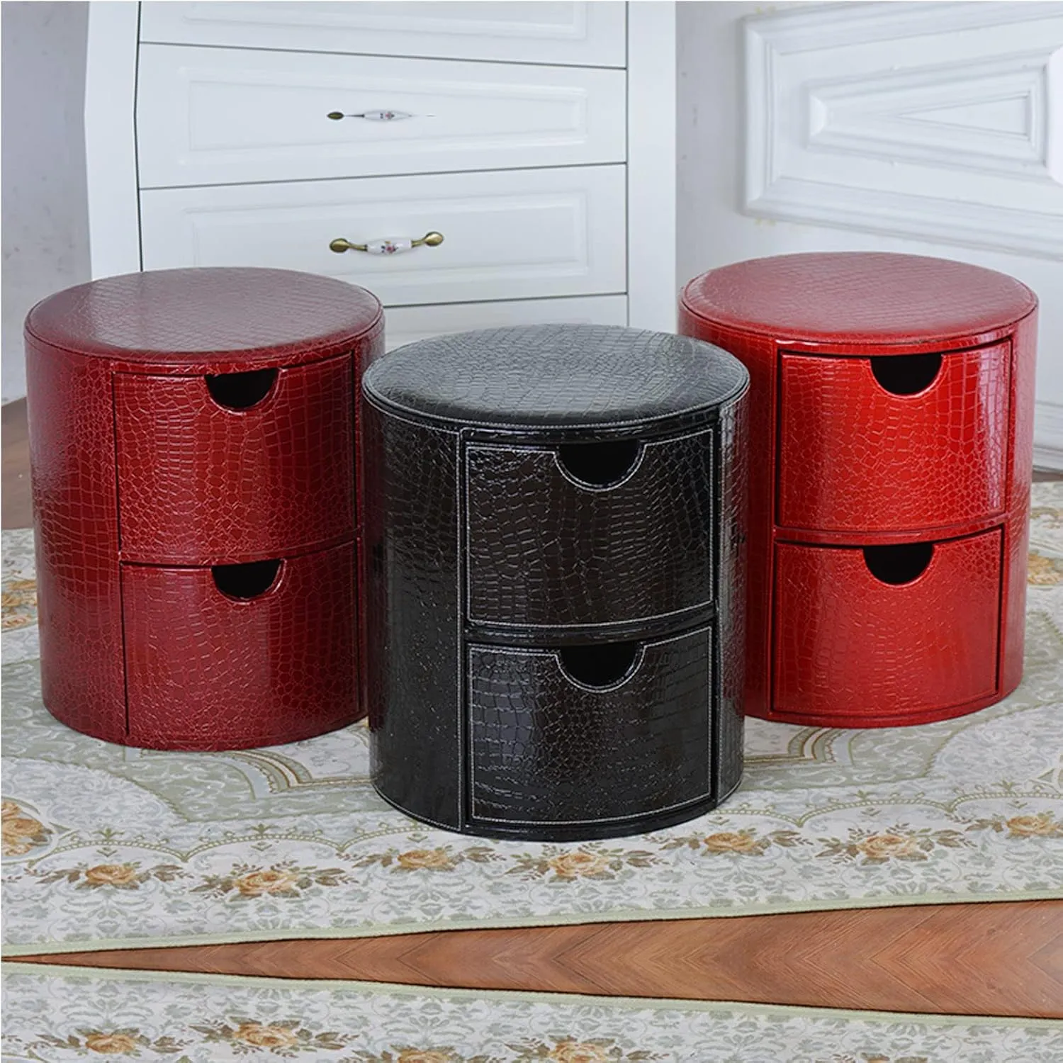 Round Storage with Double Drawer,Creative PU Footstool Bedside Stools for Living Room Bedroom-15.5 * 17.7inch-red Pattern,Black Plain Weave-15.5 * 17.7inch