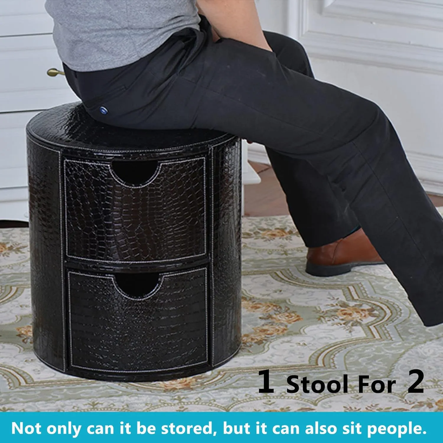 Round Storage with Double Drawer,Creative PU Footstool Bedside Stools for Living Room Bedroom-15.5 * 17.7inch-red Pattern,Black Plain Weave-15.5 * 17.7inch