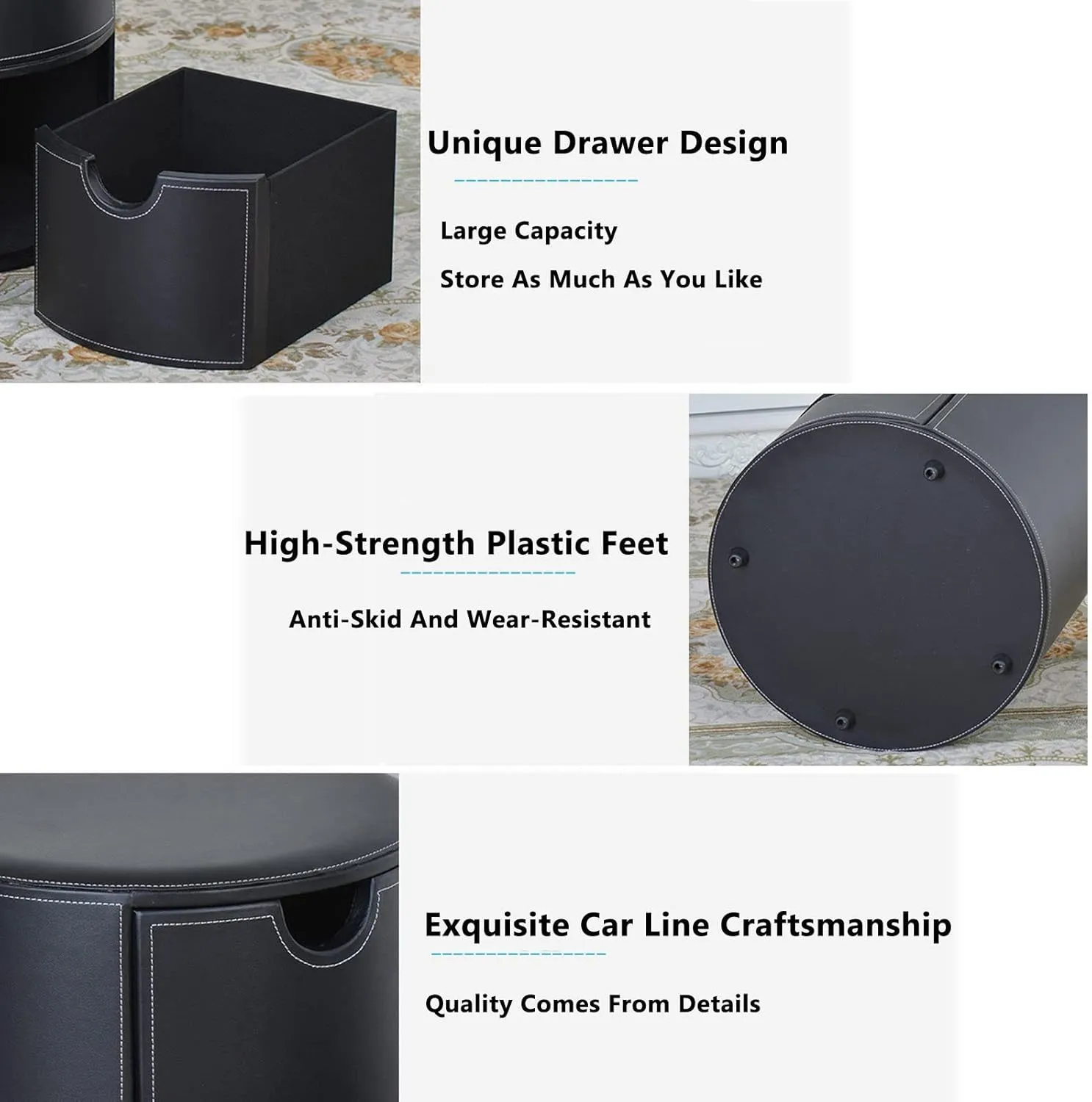 Round Storage with Double Drawer,Creative PU Footstool Bedside Stools for Living Room Bedroom-15.5 * 17.7inch-red Pattern,Black Plain Weave-15.5 * 17.7inch
