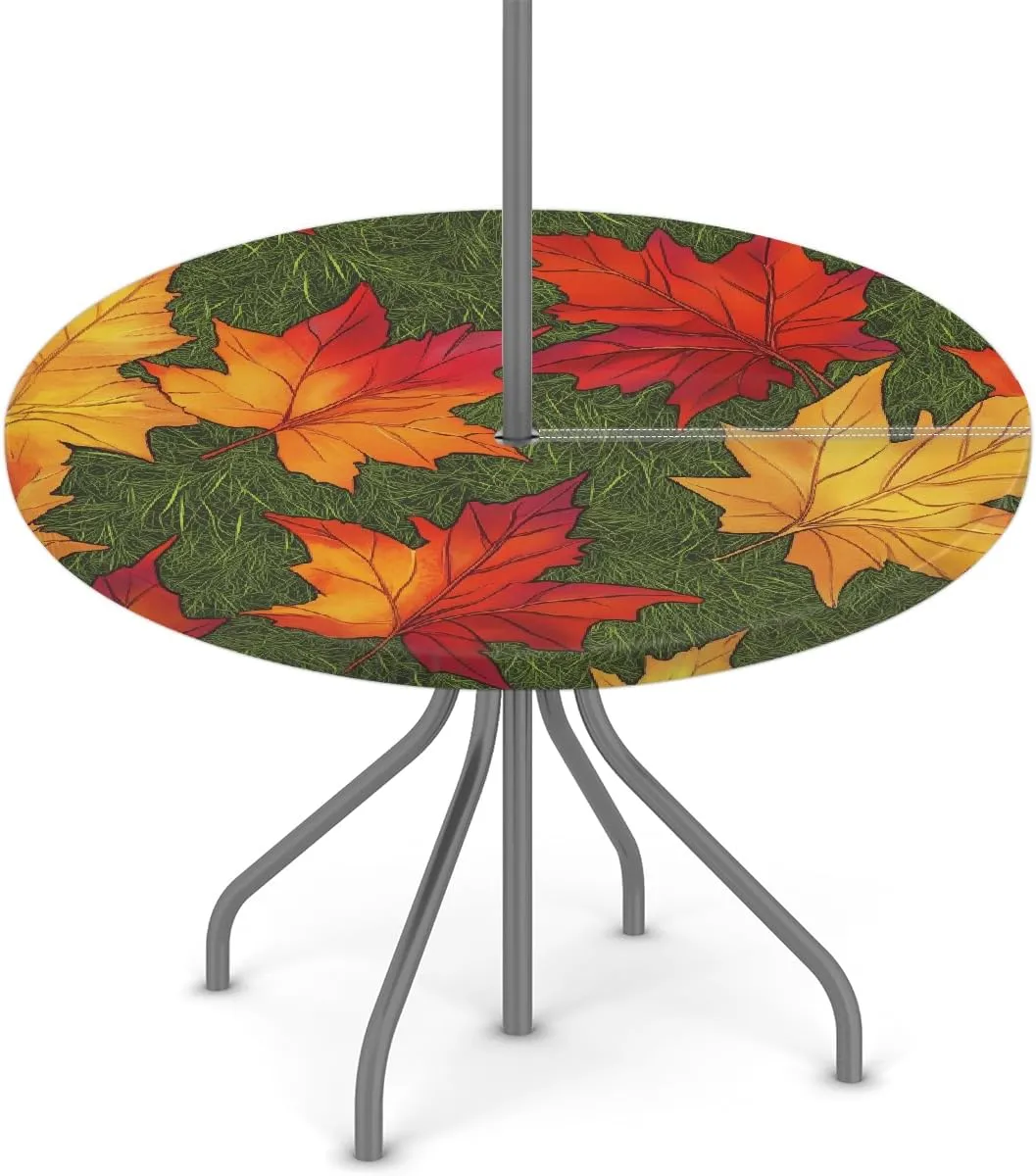 Round Tablecloth, Red Maple Leaf Grassland Reusable Waterproof Table Cover with Hidden Zipper and Umbrella Hole, for Outdoor Picnic 45-56inch
