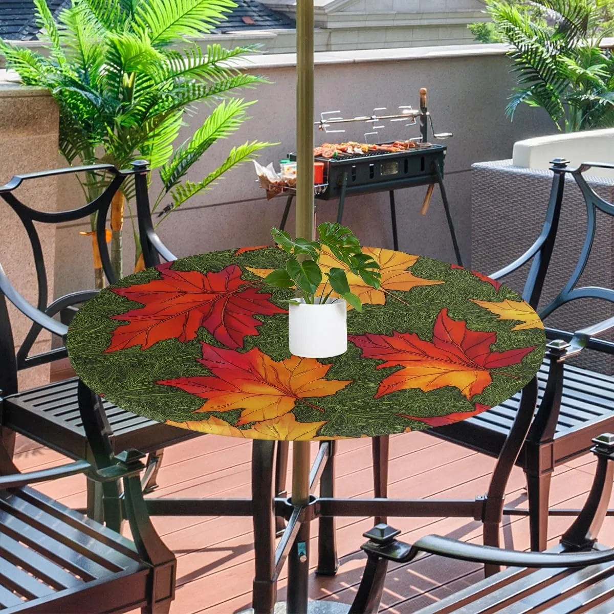 Round Tablecloth, Red Maple Leaf Grassland Reusable Waterproof Table Cover with Hidden Zipper and Umbrella Hole, for Outdoor Picnic 45-56inch