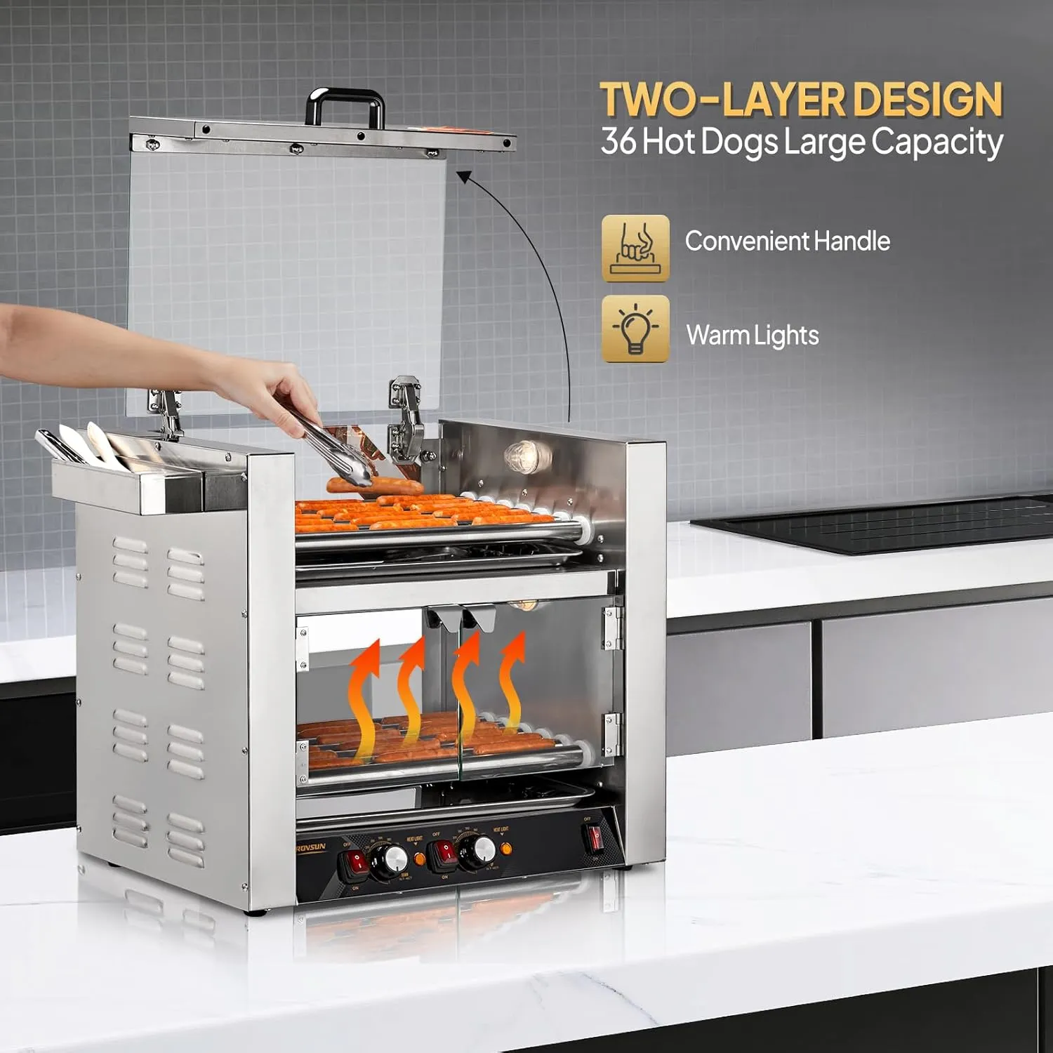 ROVSUN Hot Dog Roller 2 Tier ETL Certified, 7 Rollers 36 Hot Dog Machine Roller Grill Cooker w/Dual Temp Control, Cover, Warm Light & Drip Tray for Party Home Commercial 2100W