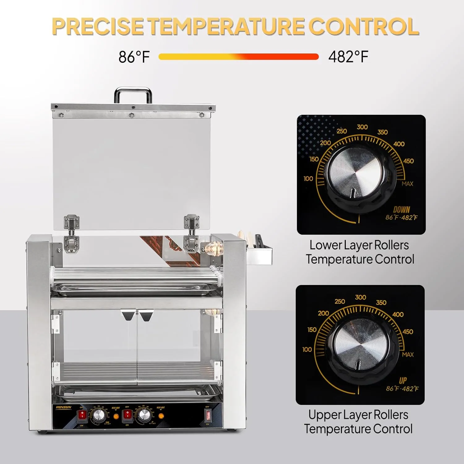 ROVSUN Hot Dog Roller 2 Tier ETL Certified, 7 Rollers 36 Hot Dog Machine Roller Grill Cooker w/Dual Temp Control, Cover, Warm Light & Drip Tray for Party Home Commercial 2100W