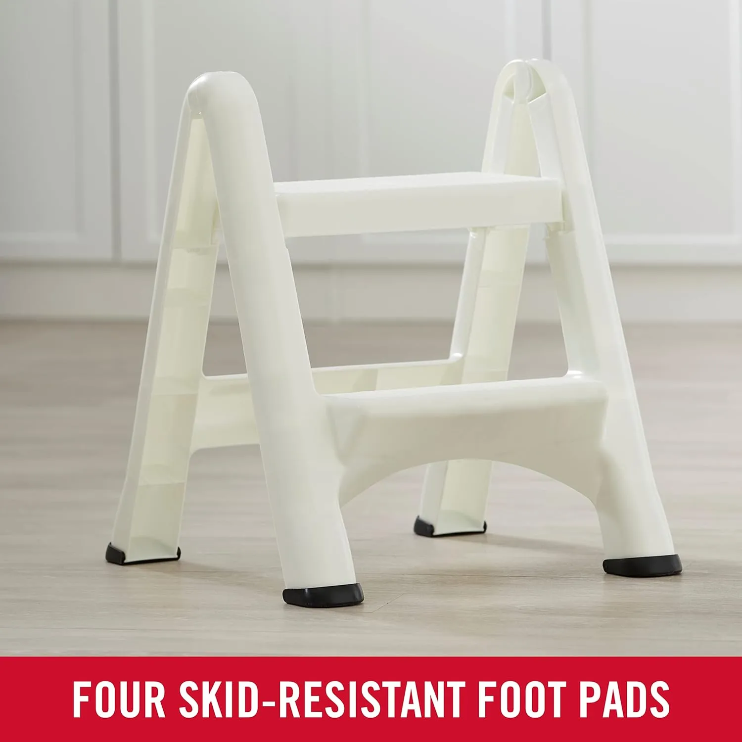Rubbermaid Two-Step Folding Foot Stool 14-Inch High White 300 Pound Capacity Small Step Stool for Adults/Kids for Use in Library/Kitchen/Bathroom/Garage/Closet