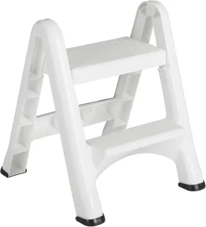 Rubbermaid Two-Step Folding Foot Stool 14-Inch High White 300 Pound Capacity Small Step Stool for Adults/Kids for Use in Library/Kitchen/Bathroom/Garage/Closet