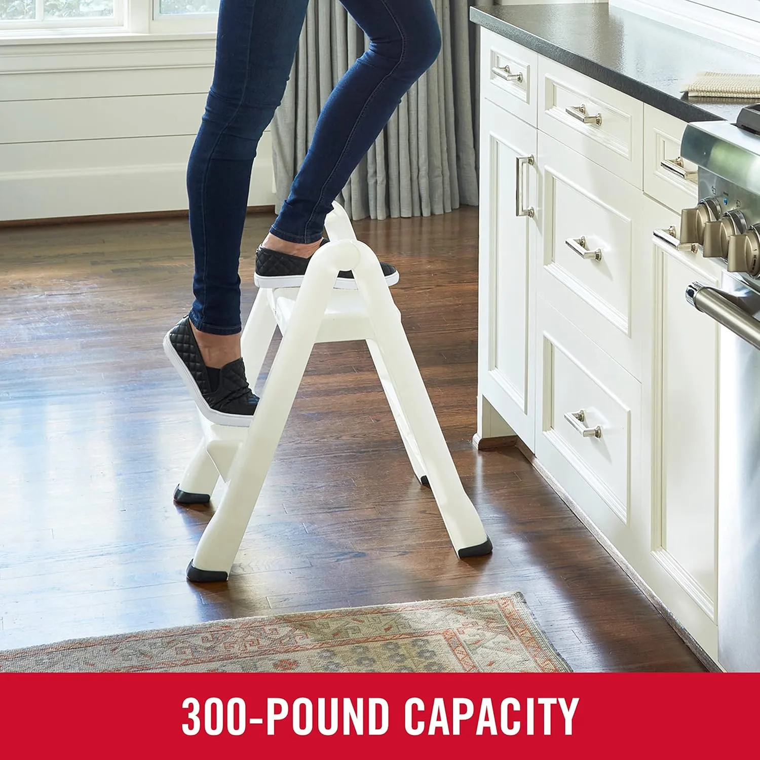 Rubbermaid Two-Step Folding Foot Stool 14-Inch High White 300 Pound Capacity Small Step Stool for Adults/Kids for Use in Library/Kitchen/Bathroom/Garage/Closet