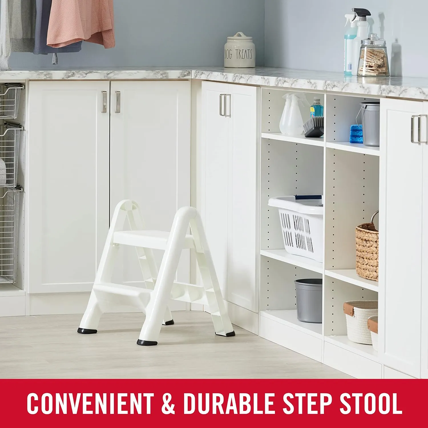 Rubbermaid Two-Step Folding Foot Stool 14-Inch High White 300 Pound Capacity Small Step Stool for Adults/Kids for Use in Library/Kitchen/Bathroom/Garage/Closet