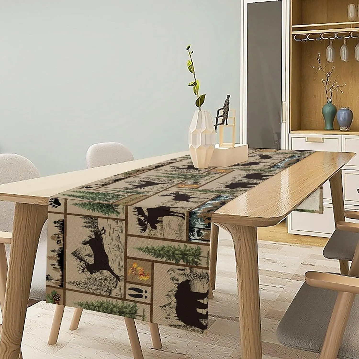 Rustic Cabin Table Runner Forest Bear Deer Wildlife Country Hunting Camping Art Printed Dinner Runner for Home Kitchen Dining Table Decor Fabric 1 Panel W13xL60in