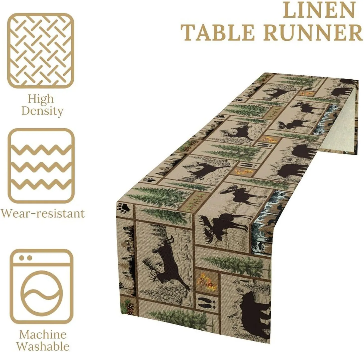 Rustic Cabin Table Runner Forest Bear Deer Wildlife Country Hunting Camping Art Printed Dinner Runner for Home Kitchen Dining Table Decor Fabric 1 Panel W13xL60in