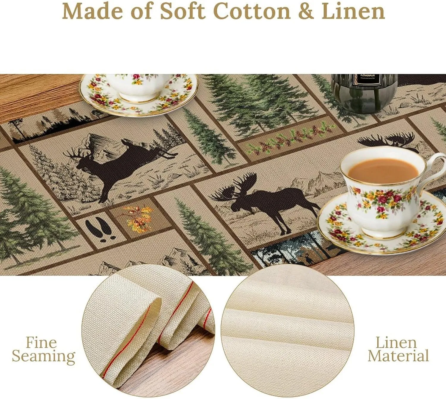 Rustic Cabin Table Runner Forest Bear Deer Wildlife Country Hunting Camping Art Printed Dinner Runner for Home Kitchen Dining Table Decor Fabric 1 Panel W13xL60in