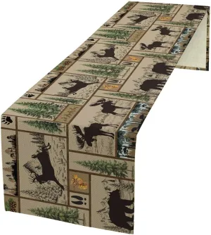 Rustic Cabin Table Runner Forest Bear Deer Wildlife Country Hunting Camping Art Printed Dinner Runner for Home Kitchen Dining Table Decor Fabric 1 Panel W13xL60in