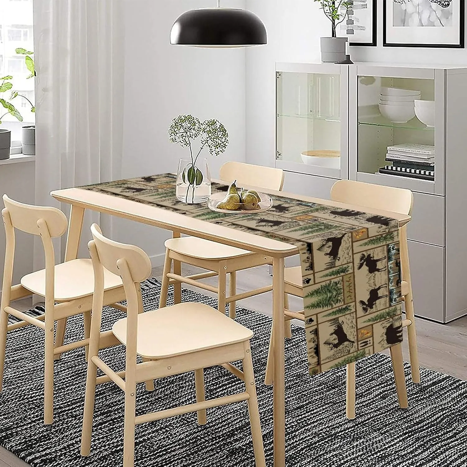 Rustic Cabin Table Runner Forest Bear Deer Wildlife Country Hunting Camping Art Printed Dinner Runner for Home Kitchen Dining Table Decor Fabric 1 Panel W13xL60in