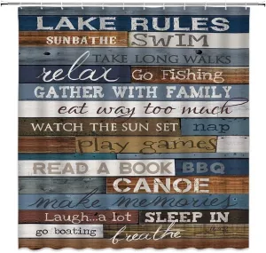 Rustic Lake Rules Shower Curtain Farmhouse Brown Blue Vintage Barn Door Wooden Inspirational Quotes Cabin Lodge Camping Retro Bathroom Decor Fabric Curtain with Hooks