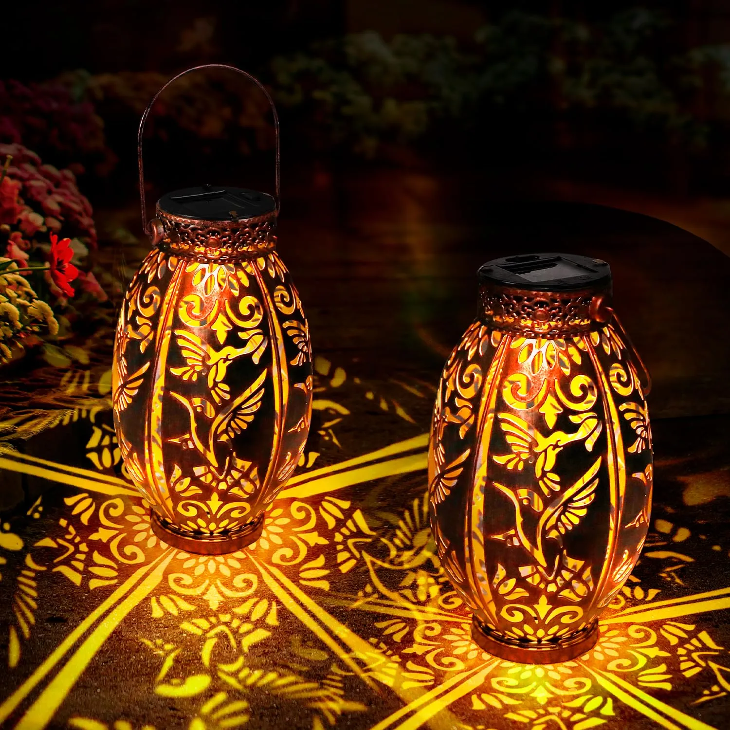 Rynx | Gibmidser Solar Outdoor Lights, 2 Pack Solar Garden Lanterns Waterproof, LED Hanging Lantern Hummingbird Pattern, Decorative Retro Metal Solar Lights For Table Patio Garden Path Walkway Gifts