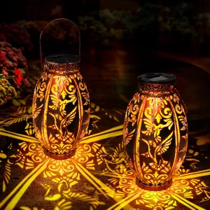Rynx | Gibmidser Solar Outdoor Lights, 2 Pack Solar Garden Lanterns Waterproof, LED Hanging Lantern Hummingbird Pattern, Decorative Retro Metal Solar Lights For Table Patio Garden Path Walkway Gifts