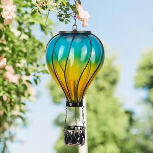 Rynx | Hanging Solar Lantern with Hot Air Balloon, Flickering Flame Solar Lantern Outdoor Garden Decorative Metal & Glass Waterproof Lantern for Garden Patio Pathway Courtyard Veranda Decor Halloween Gift