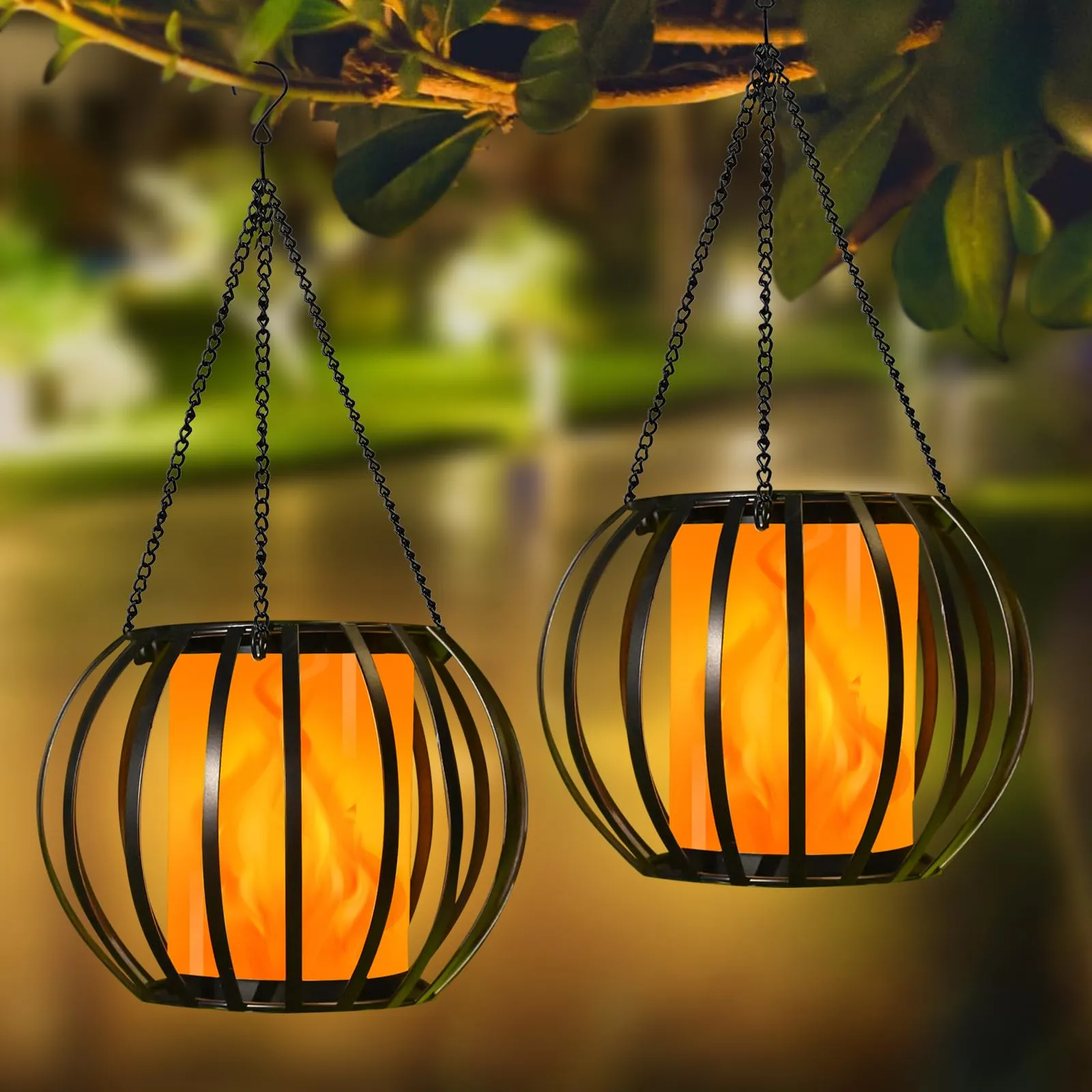 Rynx | Kelvinlux 15'' Solar Lights Outdoor Flaming Flame, Solar Light Outdoor Hanging Waterproof, Led Metal Solar Flame Lantern For Outdoors, Wooden Lanterns For Garden, Terrace, Yard, Path Decor, 2 Pk
