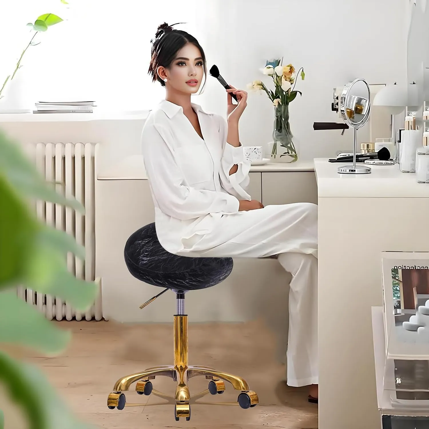 Saddle Stool Gold Rolling Stool with Wheels, PU Leather Roller Vanity Chair, Height Adjustable Swivel Saddle Chair for Pedicure, Tattoo, Massage, Salon, Spa (Black)