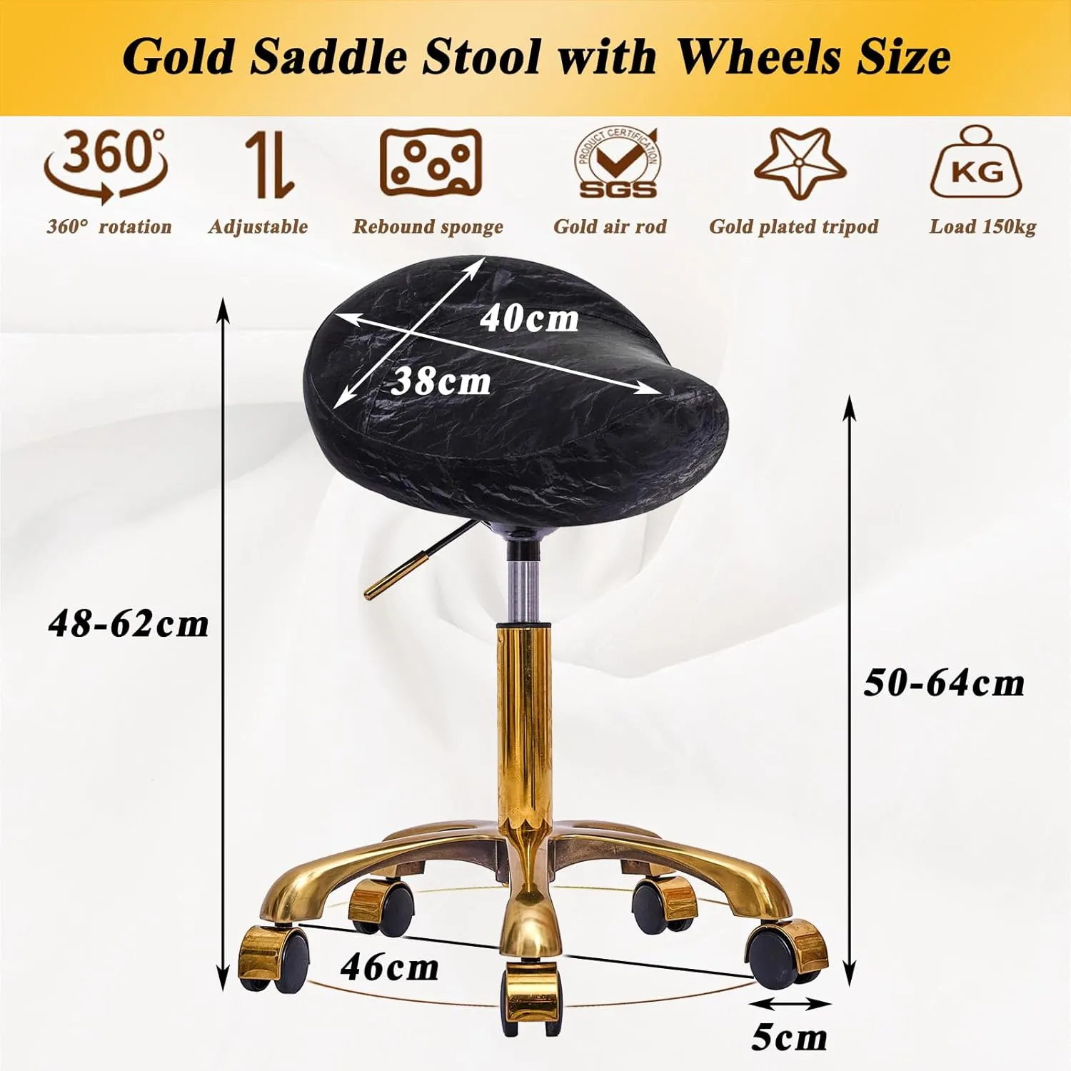 Saddle Stool Gold Rolling Stool with Wheels, PU Leather Roller Vanity Chair, Height Adjustable Swivel Saddle Chair for Pedicure, Tattoo, Massage, Salon, Spa (Black)