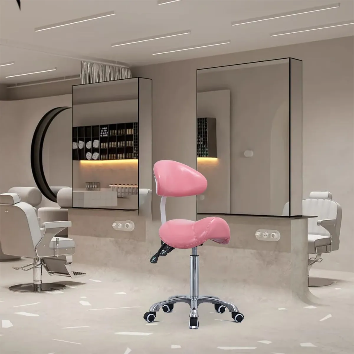 Saddle Stool Rolling Chair with Back Support,Esthetician Tattoo Dental Lash Chairs for Eyelash Tech Massage Salon(Pink,with Backrest)