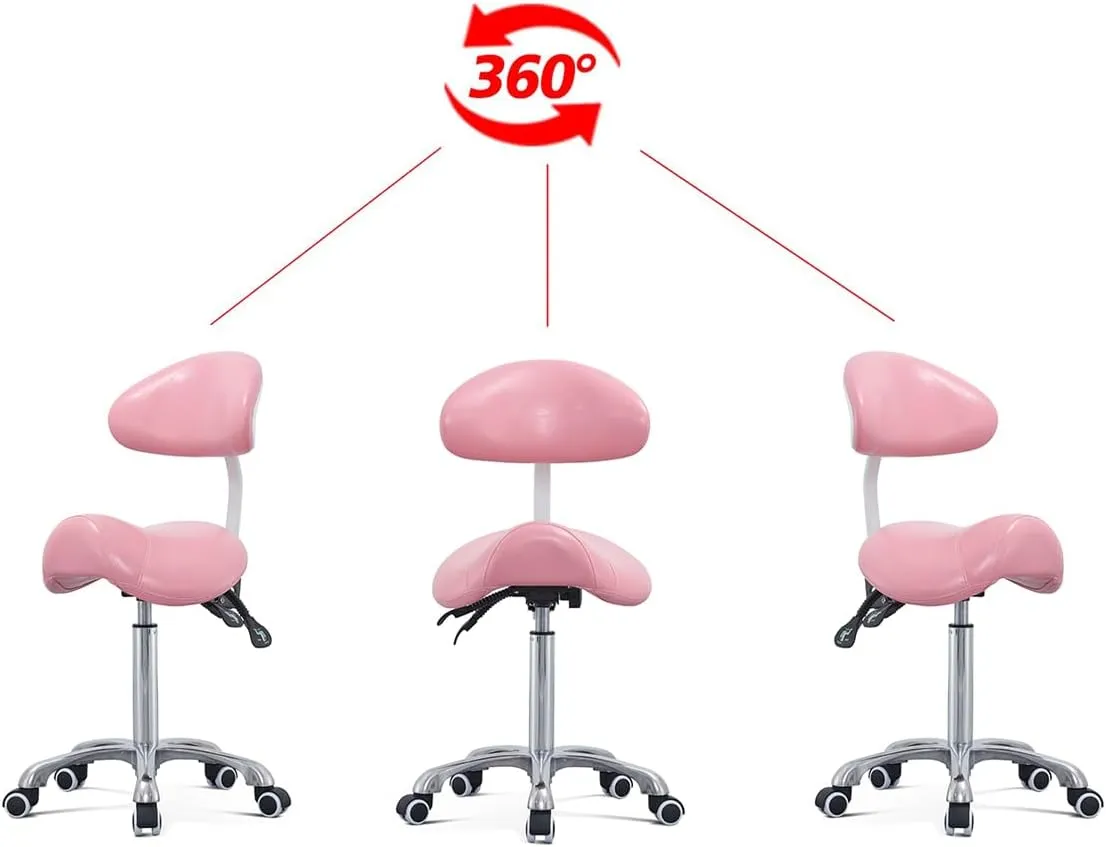 Saddle Stool Rolling Chair with Back Support,Esthetician Tattoo Dental Lash Chairs for Eyelash Tech Massage Salon(Pink,with Backrest)