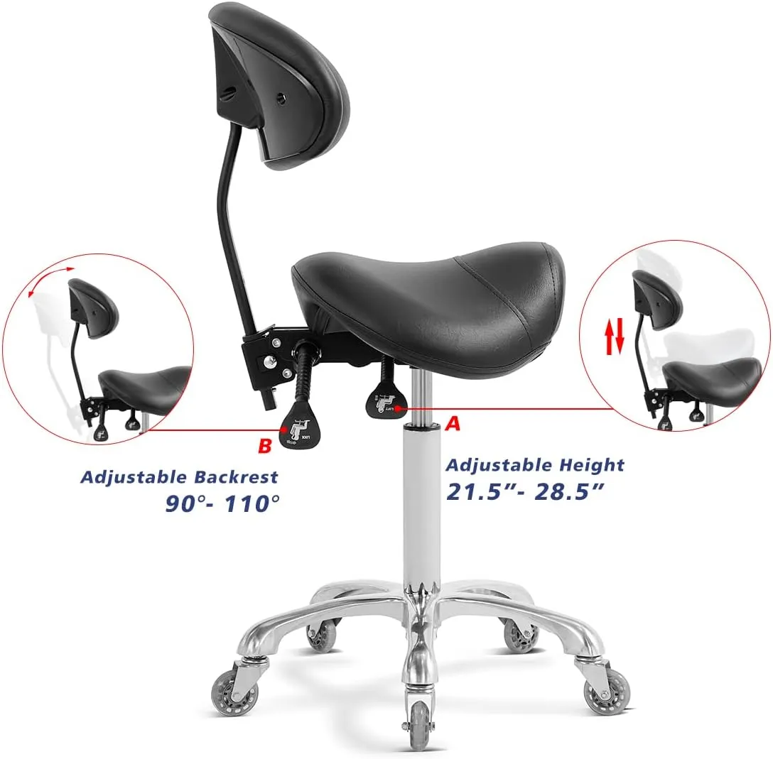 Saddle Stool Rolling Chair with Back Support,Esthetician Tattoo Dental Stool Chair,Lash Chairs for Eyelash Tech Massage Salon(Black,with Backrest)