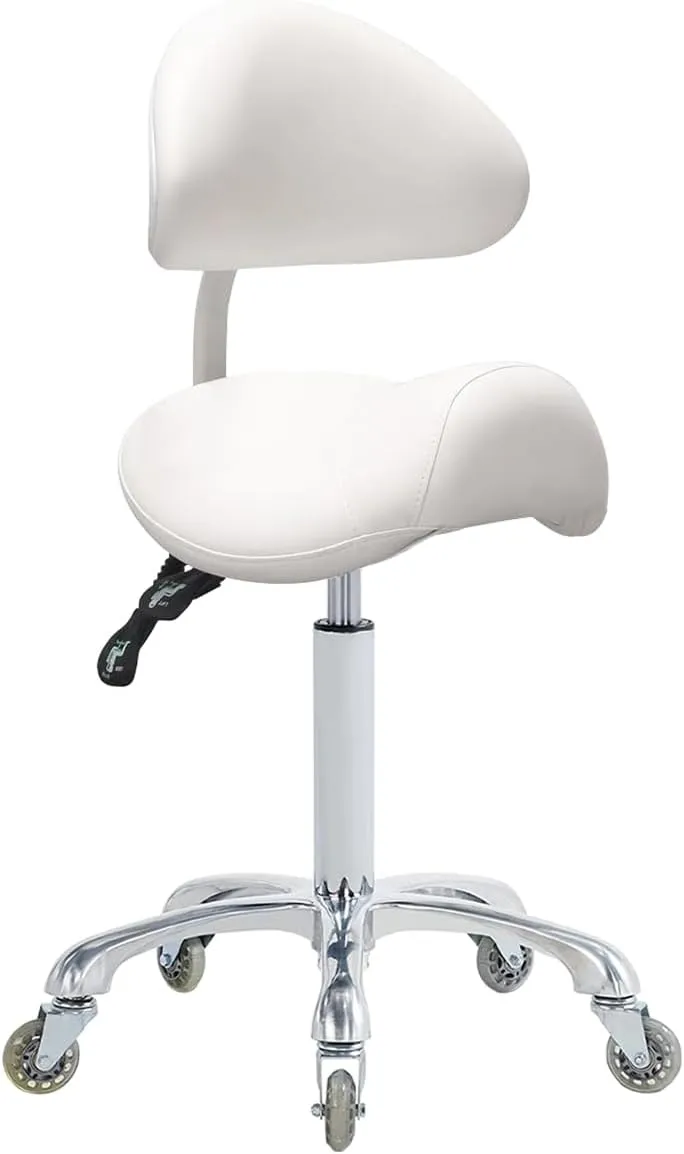 Saddle Stool Rolling Chair with Back Support,Esthetician Tattoo Dental Stool Chair,Lash Chairs for Eyelash Tech Massage Salon(White,with Backrest)