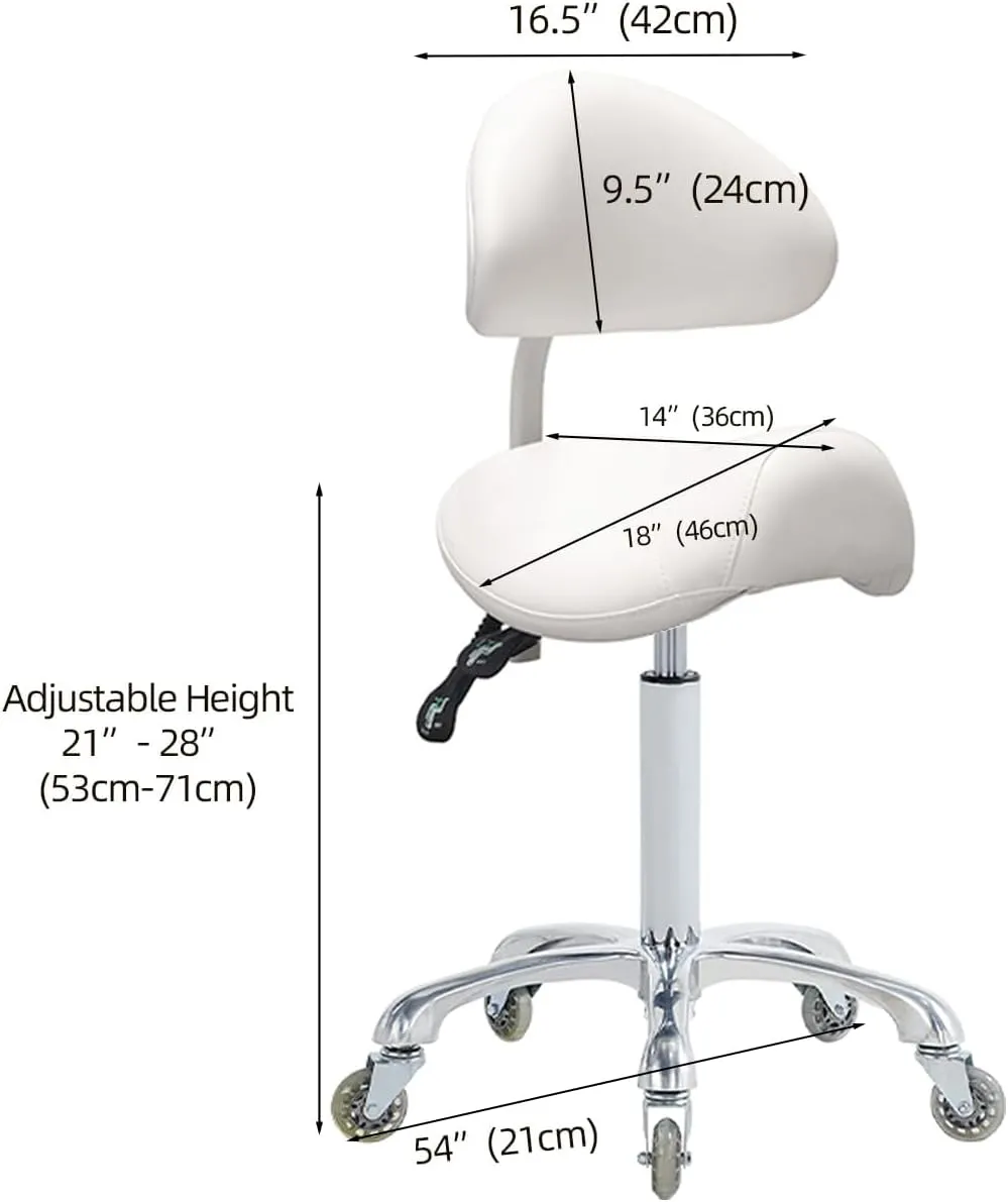 Saddle Stool Rolling Chair with Back Support,Esthetician Tattoo Dental Stool Chair,Lash Chairs for Eyelash Tech Massage Salon(White,with Backrest)