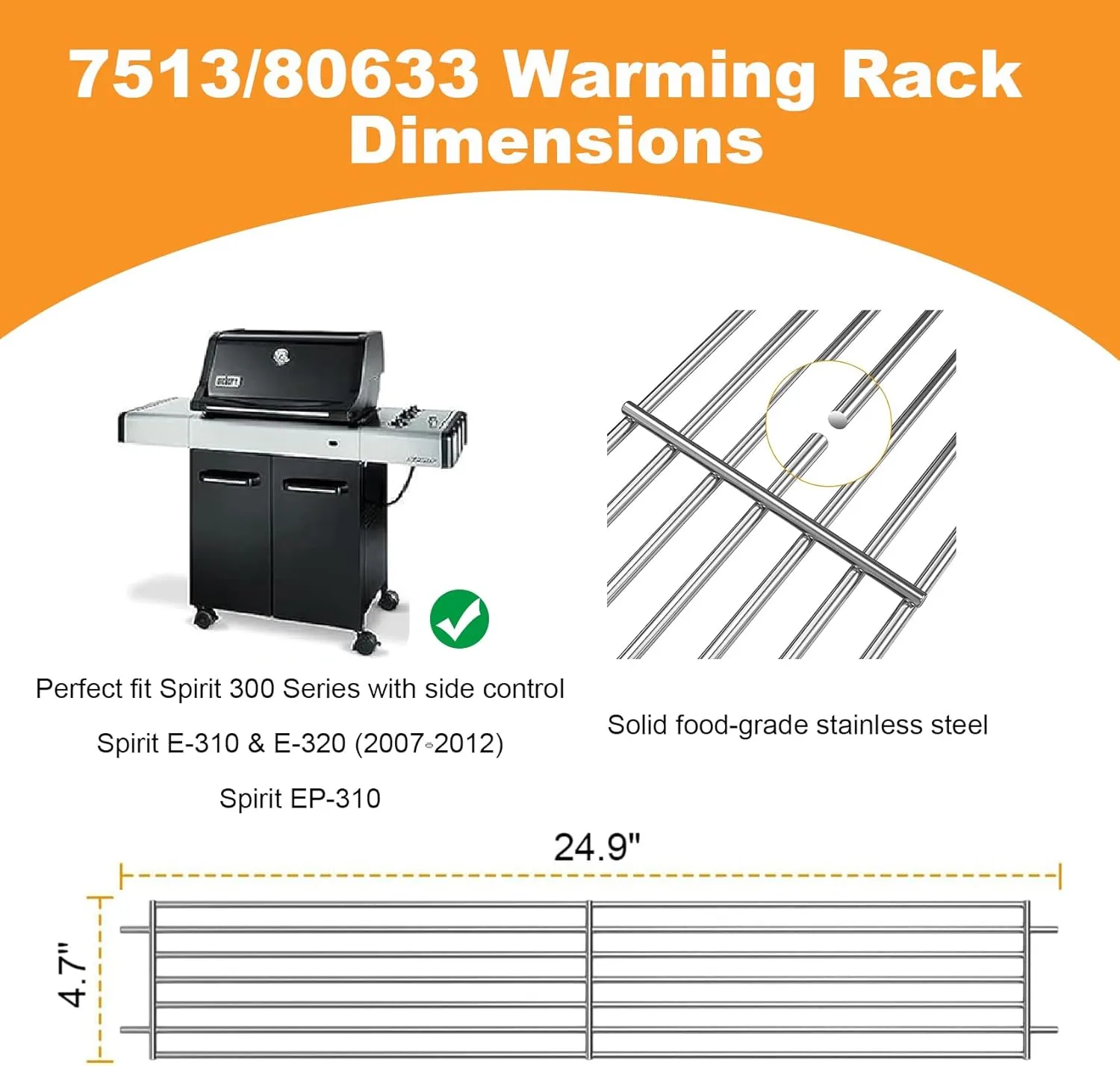 SafBbcue 7513/80633 Warming Rack for Weber Genesis 1000 to 5500 Spirit 700 Genesis Silver B & C Gold B and C Genesis Platinum I & II Grills #88719 Parts for Weber 900 Gas Grill, 24.9"x 4.7"x 4"