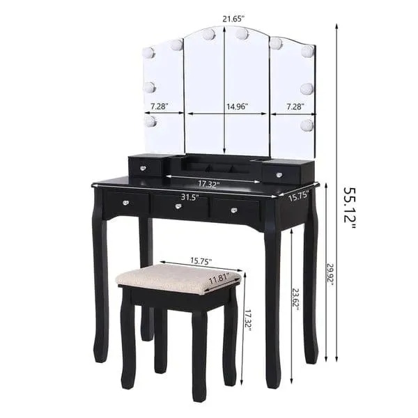 Sbdmirau Modern Vanity Desk with Lighted Mirror | Desk Makeup Dressing Table | 10 LED Lights | 3 Large Drawers and 2 small drawer | Writing Desk with Storage for Bedroom - White