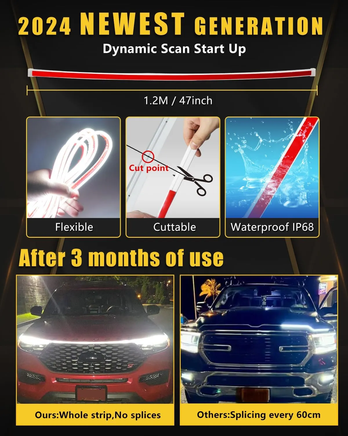 Sequential Turn Signal Led Light Strip Dynamic Scan Start Up Hood Lights Flexible DRL Daytime Running Light for Car,Truck,SUV,Dual Color Amber White Flowing Switchback 12V 47inch /1.2M (1Set)