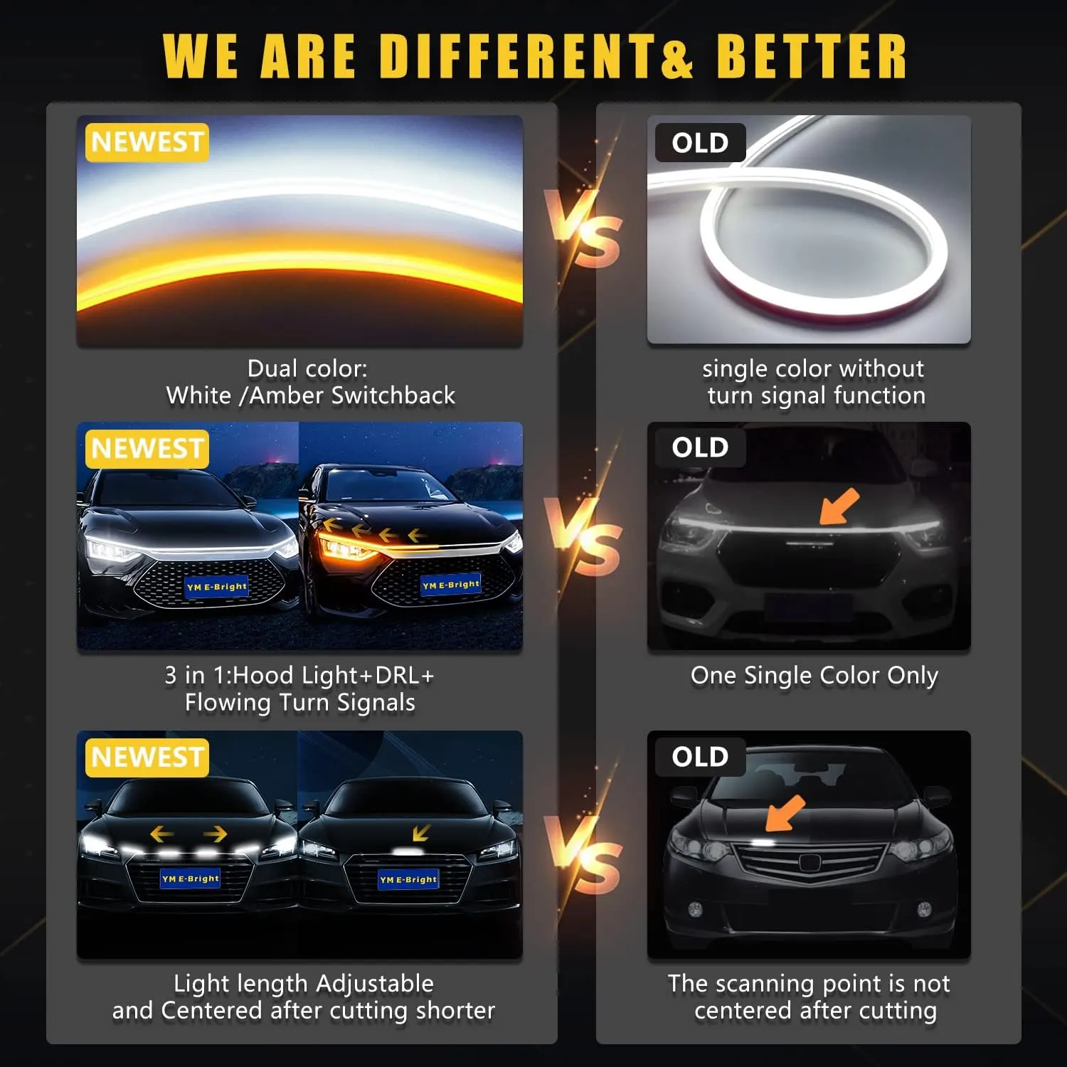 Sequential Turn Signal Led Light Strip Dynamic Scan Start Up Hood Lights Flexible DRL Daytime Running Light for Car,Truck,SUV,Dual Color Amber White Flowing Switchback 12V 47inch /1.2M (1Set)
