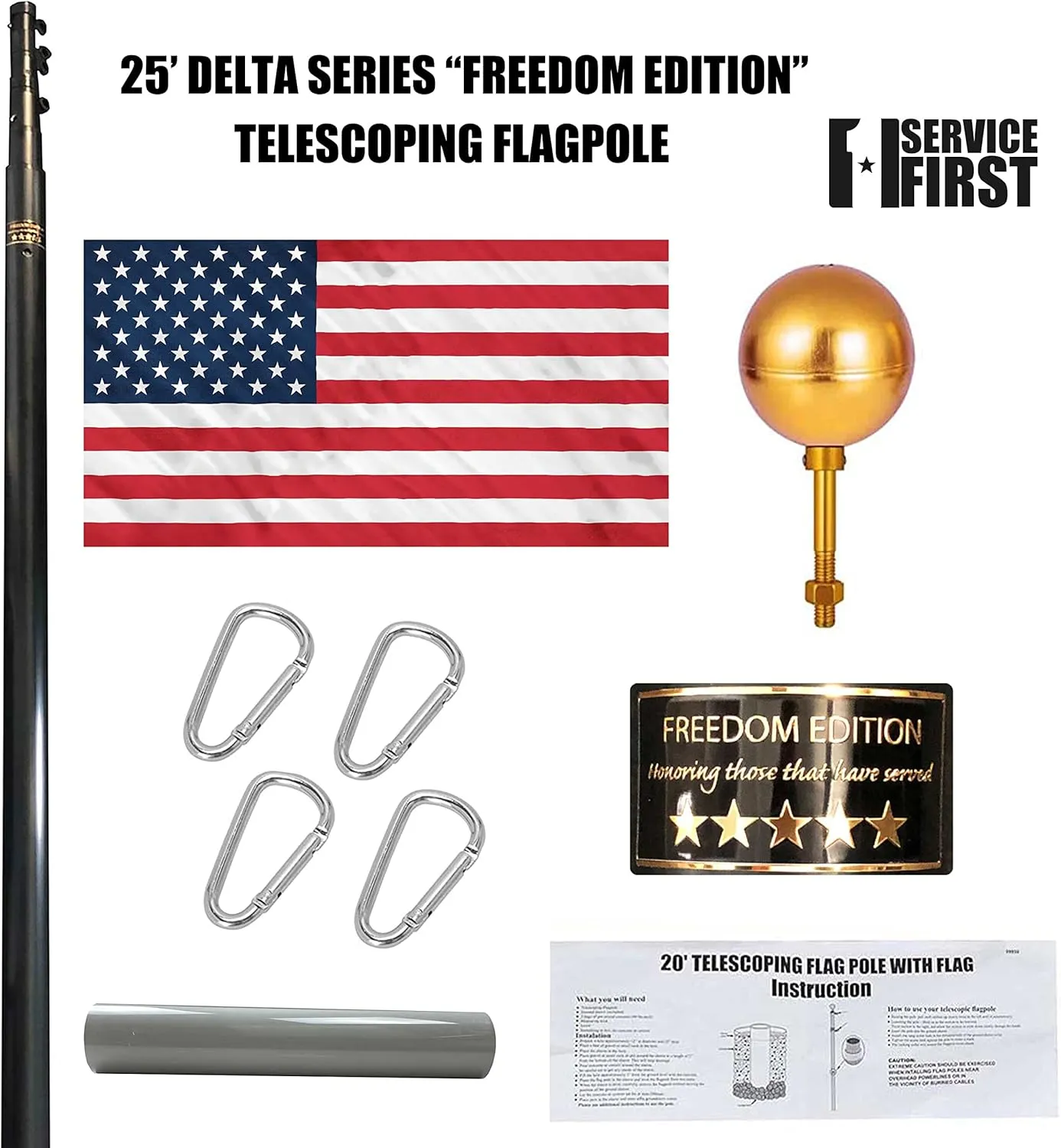 Service First Black 20FT Heavy Duty Telescoping Freedom Edition Flagpole Kit
