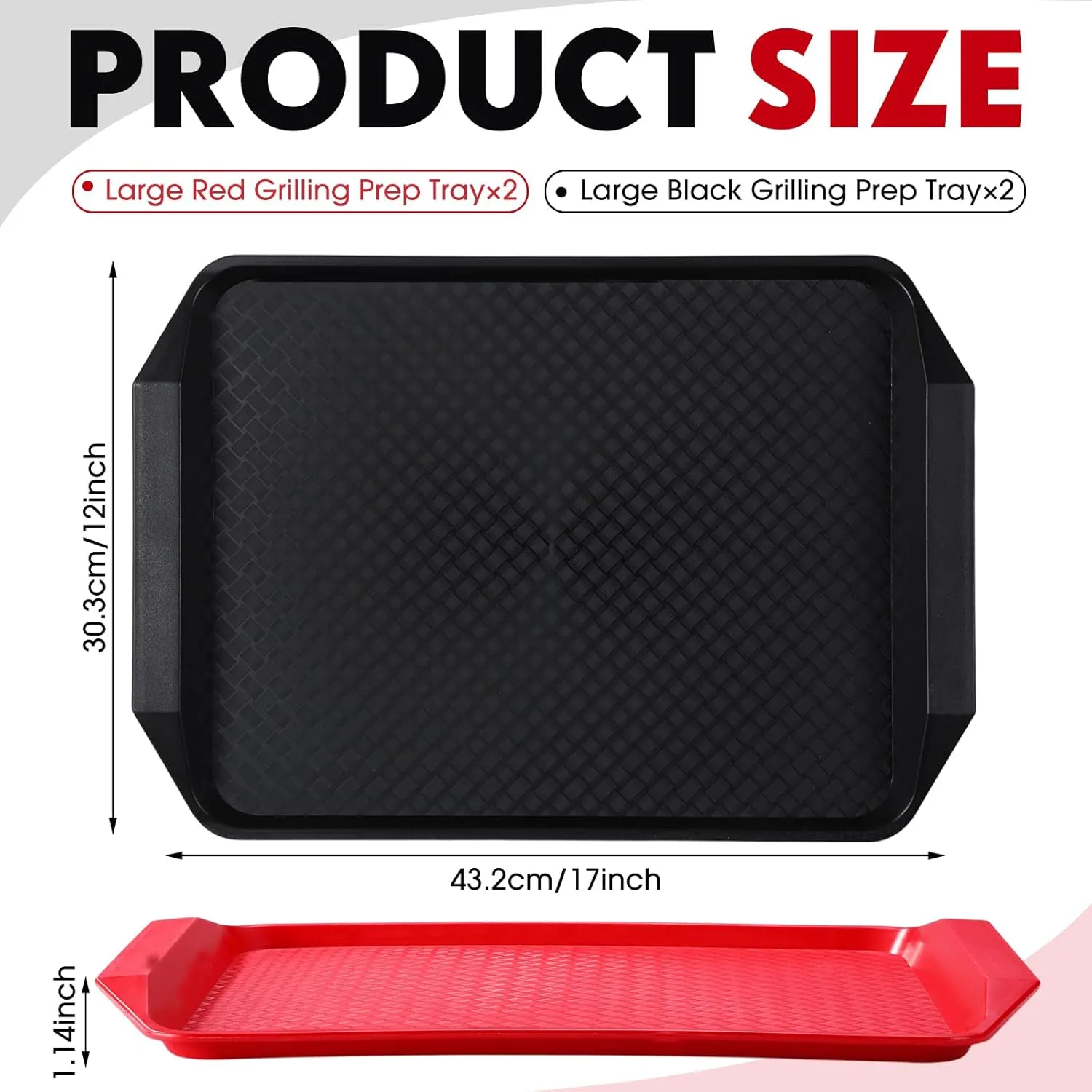 Set of 4 Grill Prep Trays 17x12 Inch Large Grill Tray for Cooking Meat Thawing Tray BBQ Serving Plastic Platter, Black Red Stackable Defrosting Grill Prep and Carry System