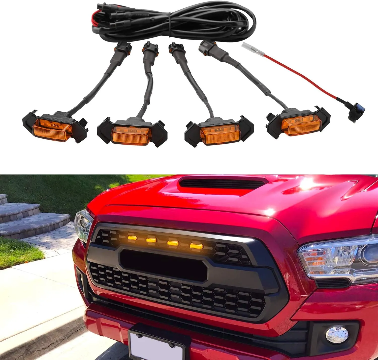 Seven Sparta 4 PCS Grill Led Lights with Fuse Adaptor Compatible with 2016-2023 Toyota Tacoma TRD PRO OEM Front Grille, Not Compatible with Tacoma Off Road & Sport (Amber Light with Amber Shell)