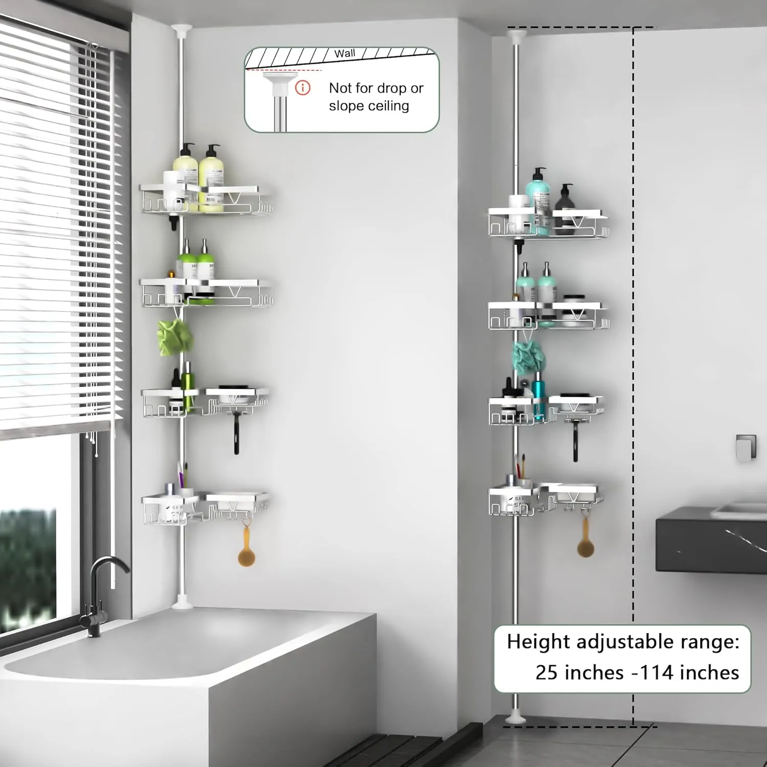 Shower Caddy Tension Pole - Corner Shower Shelves with Soap Holder Bathroom Shower Organizer for Tub (Stainless Steel, Silver, Floor to Ceiling 25-114.2 inch)