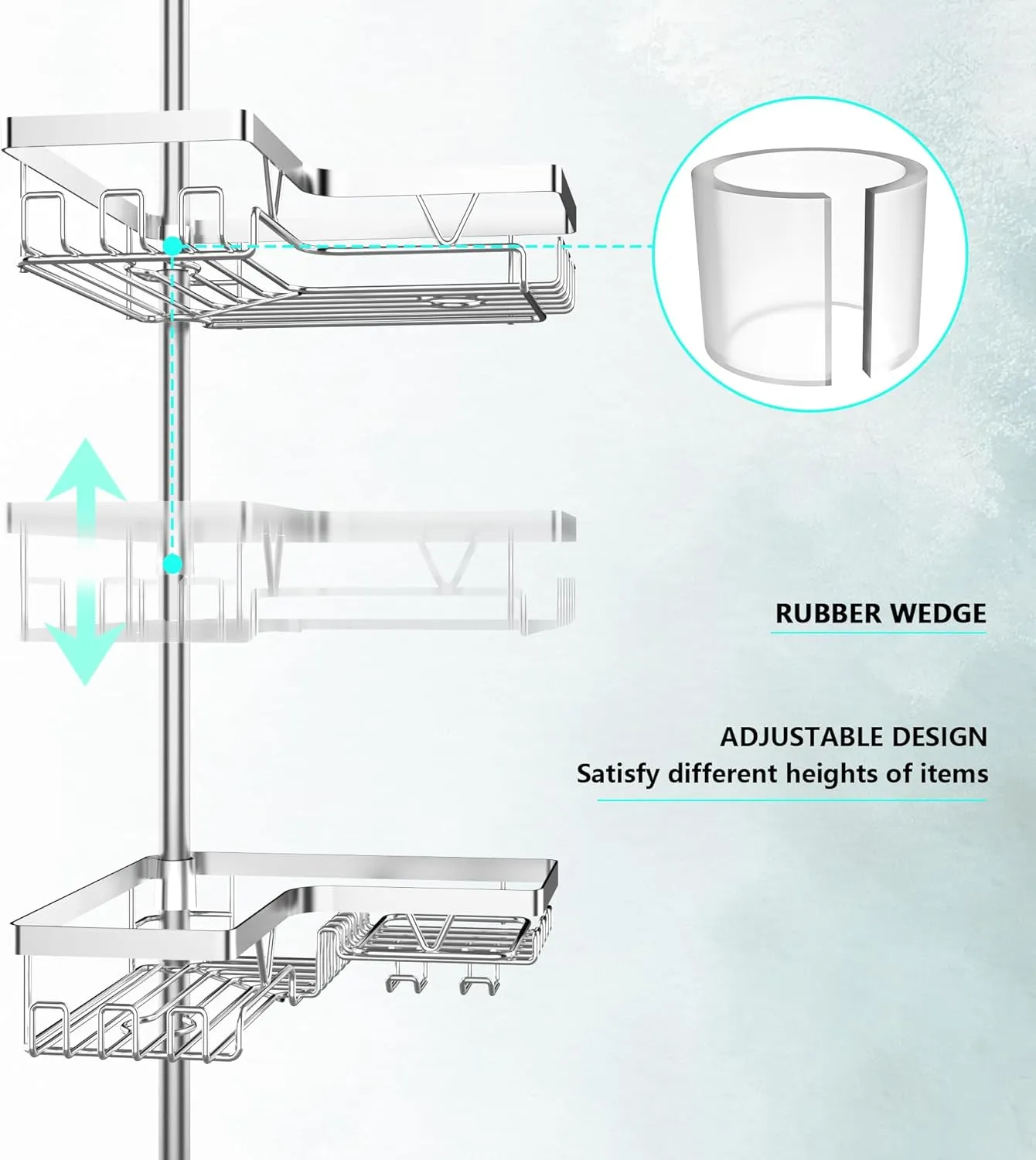 Shower Caddy Tension Pole - Corner Shower Shelves with Soap Holder Bathroom Shower Organizer for Tub (Stainless Steel, Silver, Floor to Ceiling 25-114.2 inch)