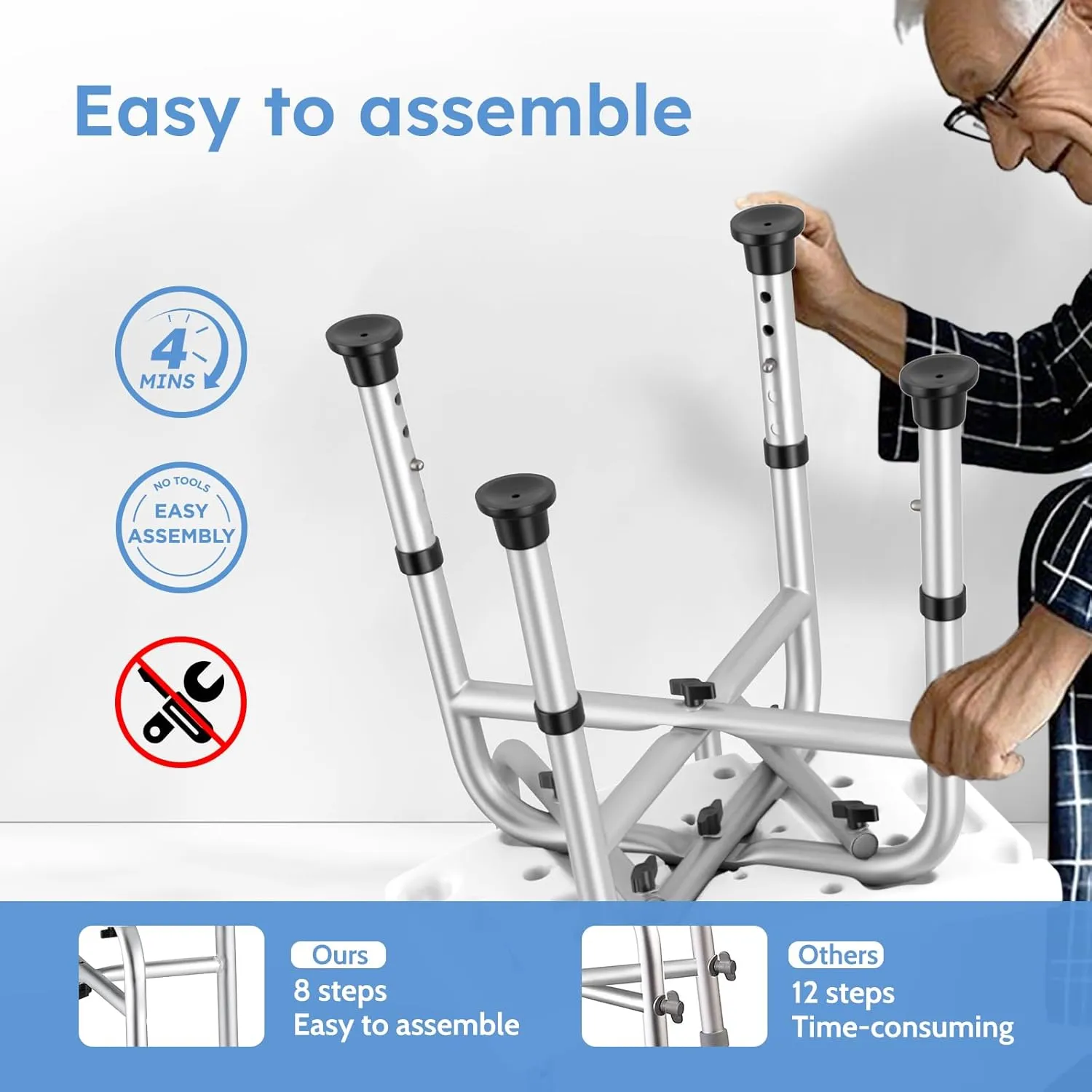 Shower Chair for Inside Shower, Heavy Duty 450lbs Shower Stool, 5 Height Adjustable Shower Seat for Adult, Non-Slip Bath Chair