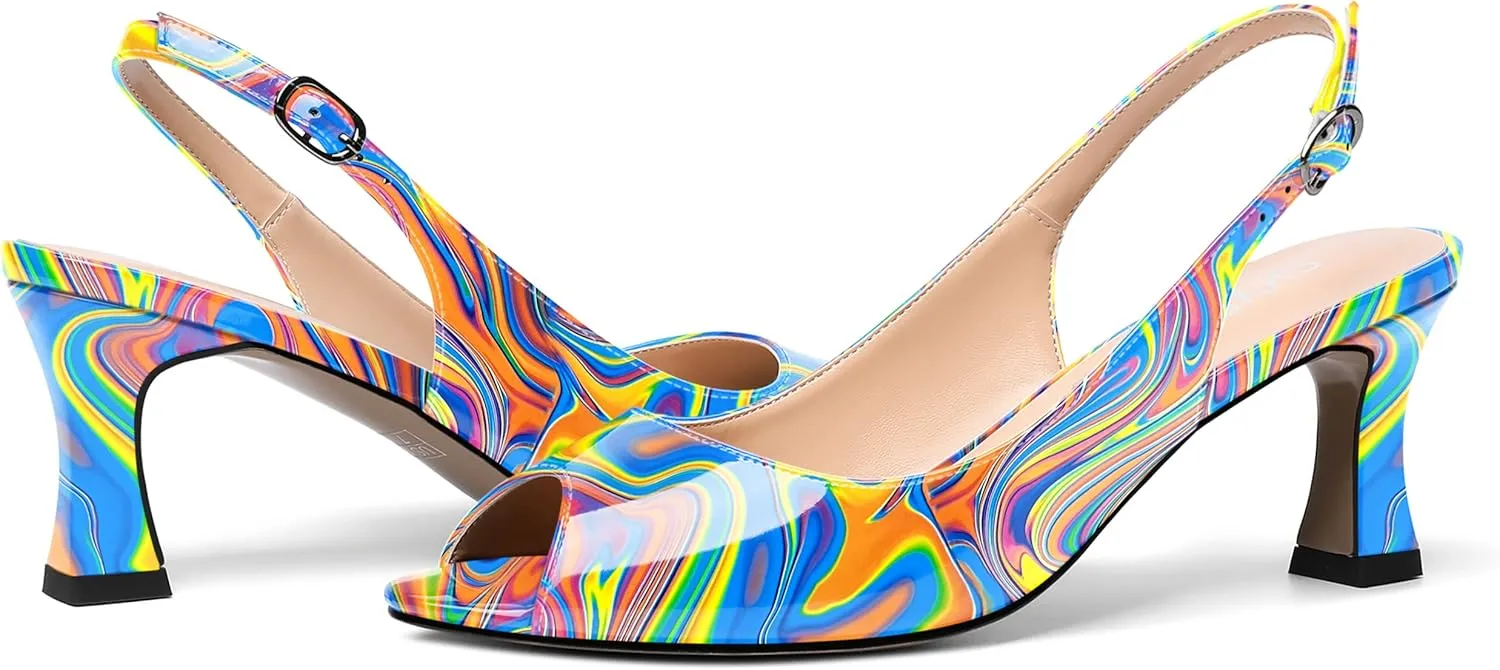 SKYSTERRY Women's Buckle Peep Toe Slingback Wedding Patent Dress Spool Mid Heel Pumps Shoes 2.5 Inch